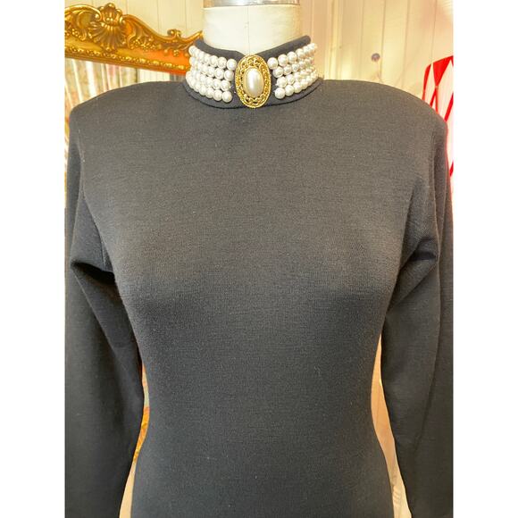 1980s black wool bandage dress backless beaded mock neck ruched 80s body con med - Picture 2 of 11